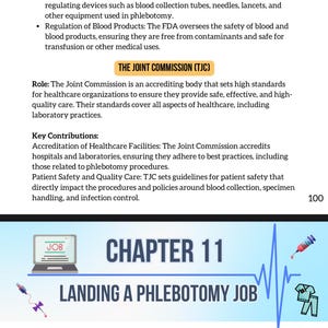 Puede incluir: Imagen de una gu&iacute;a de trabajo de flebotom&iacute;a. El t&iacute;tulo "Cap&iacute;tulo 11: Conseguir un trabajo de flebotom&iacute;a" se muestra sobre una l&iacute;nea de ECG estilizada. Tambi&eacute;n hay un port&aacute;til, una jeringa y un icono de uniforme m&eacute;dico.