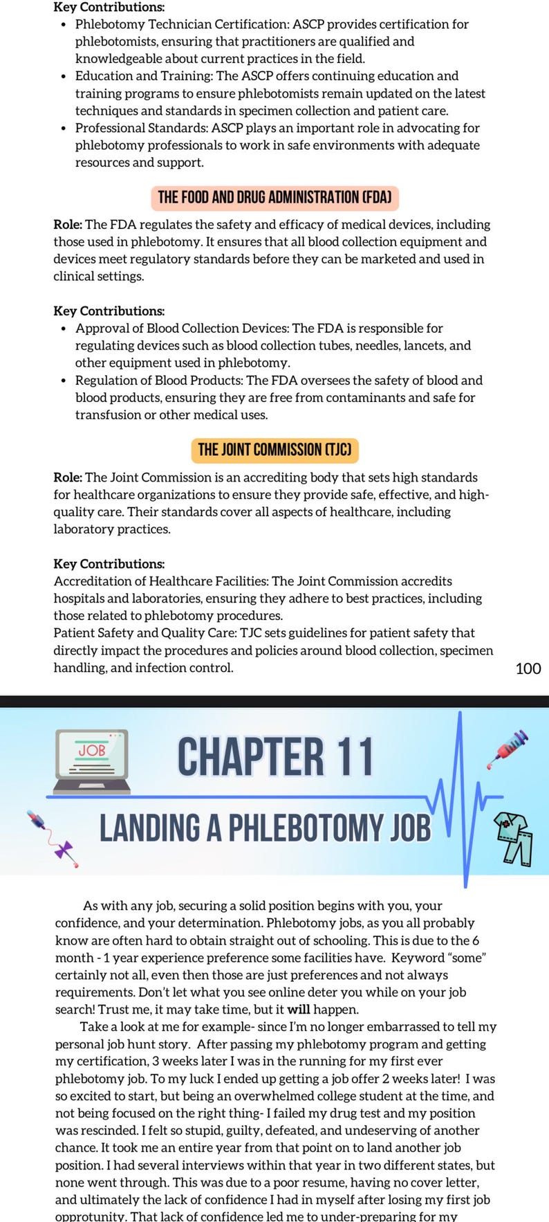 Puede incluir: Imagen de una gu&iacute;a de trabajo de flebotom&iacute;a. El t&iacute;tulo "Cap&iacute;tulo 11: Conseguir un trabajo de flebotom&iacute;a" se muestra sobre una l&iacute;nea de ECG estilizada. Tambi&eacute;n hay un port&aacute;til, una jeringa y un icono de uniforme m&eacute;dico.