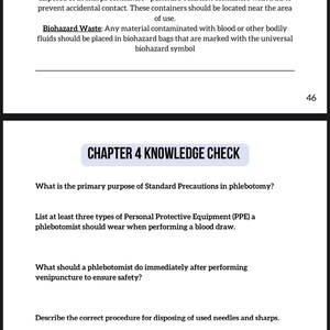 Puede incluir: P&aacute;gina de un libro de texto de flebotom&iacute;a con t&iacute;tulos como "Manejo y eliminaci&oacute;n de materiales contaminados" y "Cap&iacute;tulo 4 Verificaci&oacute;n de conocimientos". El texto trata sobre la eliminaci&oacute;n de objetos punzantes, residuos biol&oacute;gicos y cuestiones de seguridad.