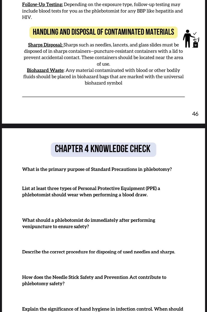 Puede incluir: P&aacute;gina de un libro de texto de flebotom&iacute;a con t&iacute;tulos como "Manejo y eliminaci&oacute;n de materiales contaminados" y "Cap&iacute;tulo 4 Verificaci&oacute;n de conocimientos". El texto trata sobre la eliminaci&oacute;n de objetos punzantes, residuos biol&oacute;gicos y cuestiones de seguridad.