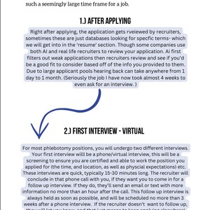 Puede incluir: Infograf&iacute;a que detalla el proceso de contrataci&oacute;n de flebotomistas, desde la solicitud hasta las etapas de la entrevista. El texto incluye informaci&oacute;n sobre la revisi&oacute;n de la solicitud, las entrevistas virtuales y las entrevistas en persona. El documento tiene un encabezado rosa y un fondo blanco.