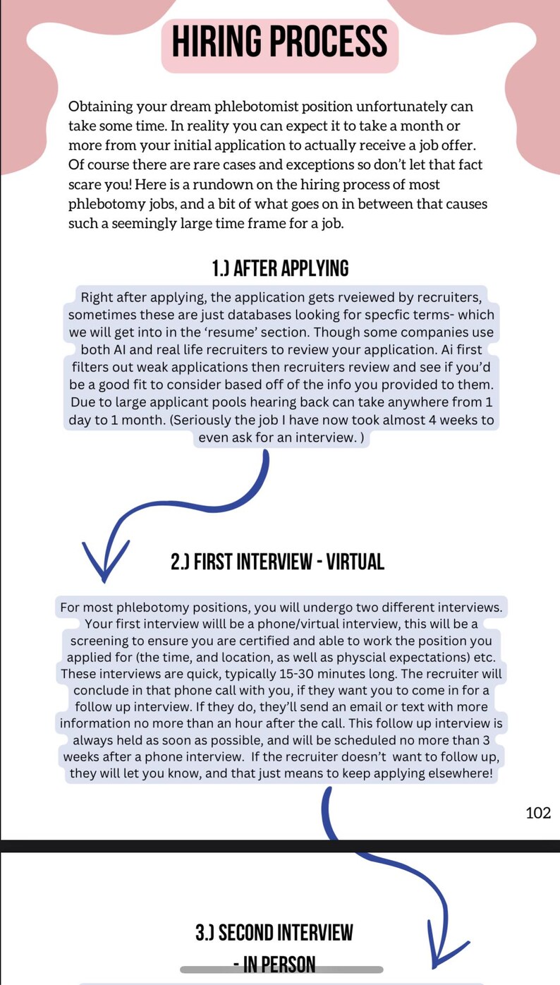 Puede incluir: Infograf&iacute;a que detalla el proceso de contrataci&oacute;n de flebotomistas, desde la solicitud hasta las etapas de la entrevista. El texto incluye informaci&oacute;n sobre la revisi&oacute;n de la solicitud, las entrevistas virtuales y las entrevistas en persona. El documento tiene un encabezado rosa y un fondo blanco.