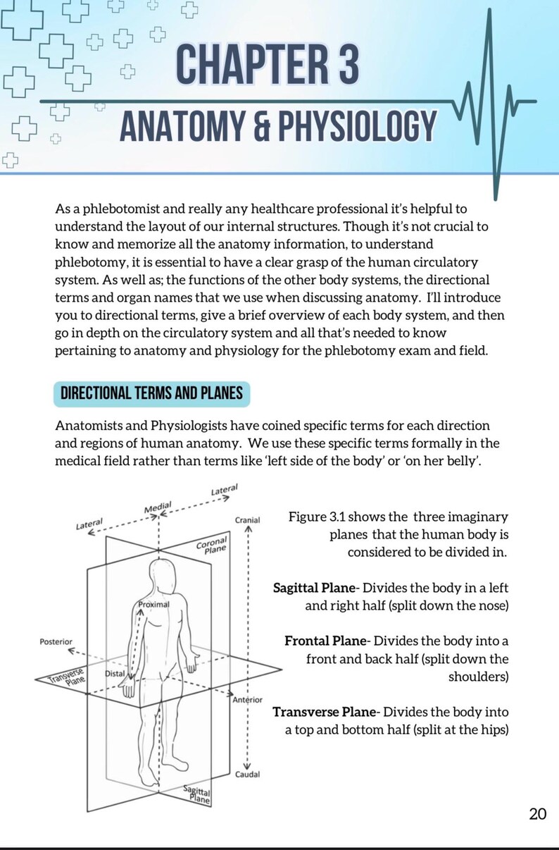 Puede incluir: P&aacute;gina de un libro de texto de Anatom&iacute;a y Fisiolog&iacute;a con el t&iacute;tulo "Cap&iacute;tulo 3 Anatom&iacute;a y Fisiolog&iacute;a". La p&aacute;gina incluye diagramas del cuerpo humano con planos direccionales y texto que explica t&eacute;rminos anat&oacute;micos.