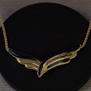 Vintage Monet Black Enamel Collar Necklace: Gold Winged Design