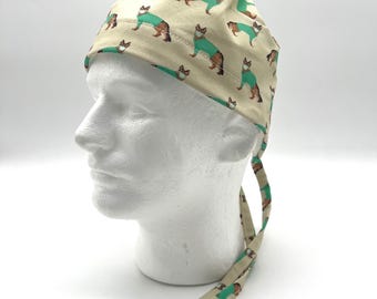 Bonnet chirurgical pour homme, motif berger allemand, doublure en satin disponible en cinq modèles.
