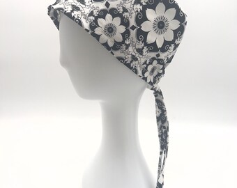 Black White Flower Cotton Scrub Cap: Surgical, Euro, Ponytail, Bouffant Styles