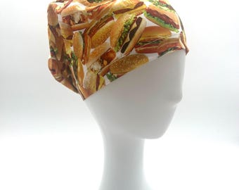 Hamburger or Cheeseburger Scrub Cap, Euro, Ponytail, Bouffant, Satin Lined