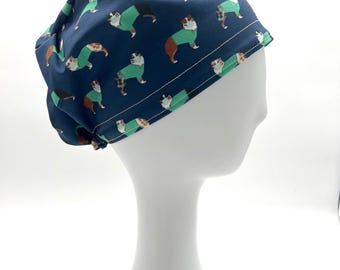 Gorro quirúrgico estilo europeo con diseño de perro australiano, opción de forro satinado, cinco opciones de estilo.