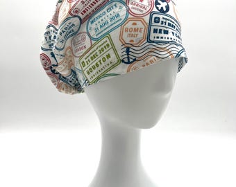 Travel Passport Stamp Scrub Cap: Cotton Euro Style, 4 styles and  Satin Lining Option