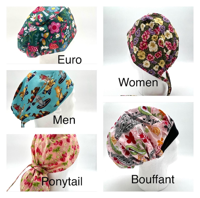 May include: Five different styles of surgical caps with various floral and patterned designs. The styles are labeled "Euro", "Women", "Men", "Ponytail", and "Bouffant".