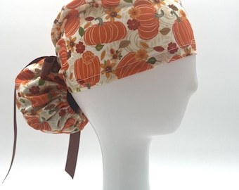 Pumpkin Ponytail Scrub Cap,  satin lining option, five styles available