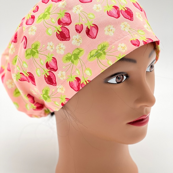 Strawberry Scrub cap for women, Euro scrub cap, gift for nurses, ponytail scrub cap