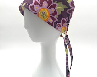 Purple Floral Cotton Scrub Cap: 4 styles and satin long option