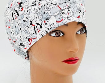 Dog Print Scrub Cap: Cotton Surgical Hat, Ponytail & Euro Styles