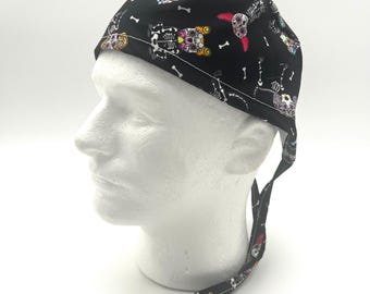 Halloween Skeleton Dog Men’s Scrub Cap satin lining option, four styles available