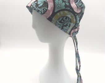 Floral Fantasy Women’s Surgical Scrub Cap, Euro, Ponytail, Bouffant Styles and satin lining option