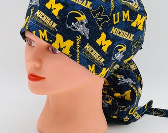 Michigan Ponytail scrub cap, Wolverines scrub cap, Michigan scrub cap, four styles