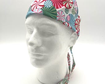 Holiday Peppermint Surgical Scrub Cap, 4 styles and satin lining options