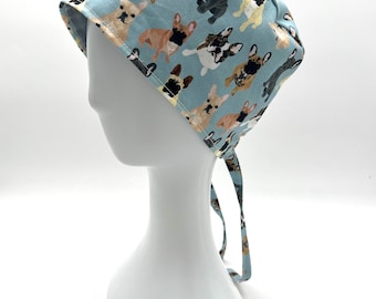 French Bulldog Scrub Cap, Women’s Surgical Cap, satin lining option, five styles available