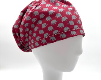 Bonnet de bloc opératoire Alabama Roll Tide Elephant Euro en coton, disponible en plusieurs modèles (queue de cheval, bouffante et chirurgicale) avec doublure en satin.