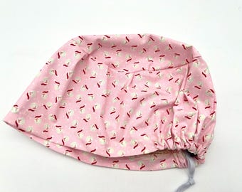 Pink Santa Christmas Scrub Cap: Euro, Ponytail, Bouffant Styles