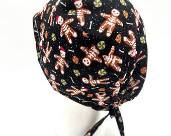 Gingerbread Christmas Skeleton Man Scrub cap for Women, satin lining option, five styles available