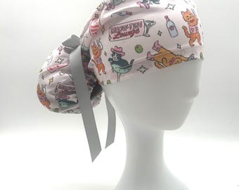 Bonnet de bloc opératoire Cat Martini Lounge à queue de cheval : cinq modèles et option de doublure en satin