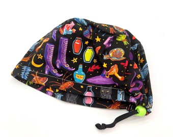 Halloween Cotton Scrub Cap: Witchcraft Print, Satin Lining Option