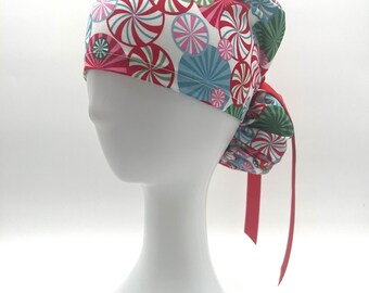 Christmas Peppermint Scrub Cap: Ponytail Style, Satin Lining Option, 4 styles available