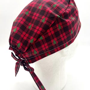 Christmas Tree Plaid Scrub Cap, Men’s Scrub Cap, satin lining option, five styles available