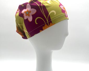 Floral Euro Scrub Cap, OR cap, satin lining option, five styles available