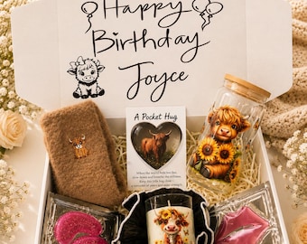 Highland Cow Gift for Her, Personalised Self Care Gift Box, Cosy Comfort Birthday Present