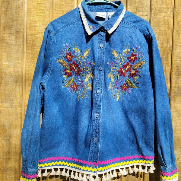 Vintage  Upcycled Re-imagined Bobbie Brooks Embroidered Denim Shirt with Rick Rack Trim and Fringe Size L