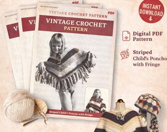 Patrón de crochet vintage en PDF: Poncho infantil de rayas con flecos (descarga instantánea)