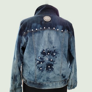 Women’s size large, bleached tie-dyed bedazzled upcycled denim jacket