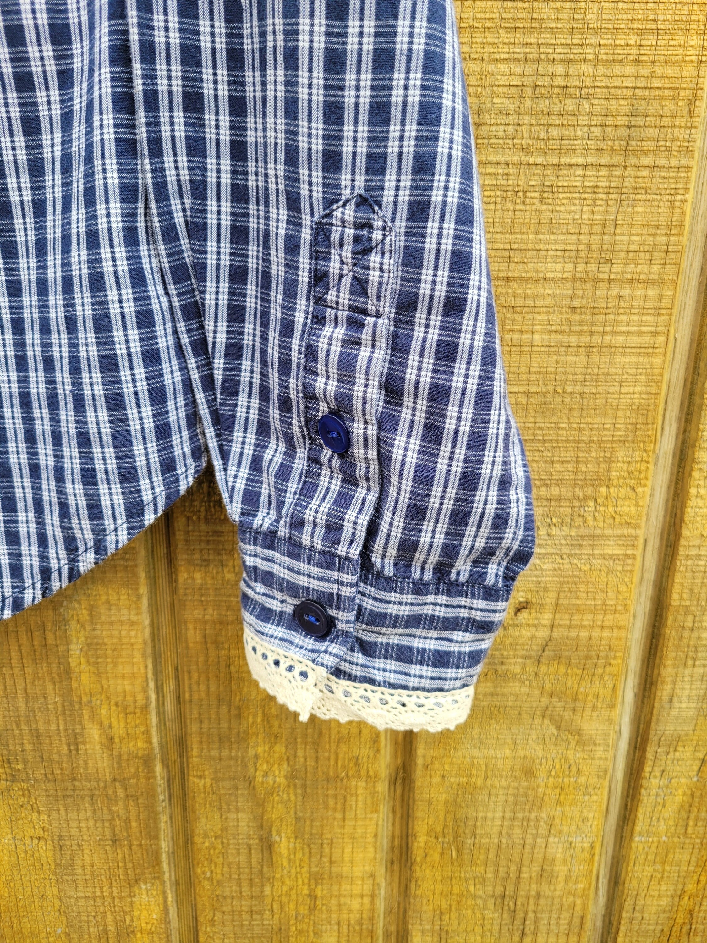 Women's Vintage Denim & Plaid Combo Shirt With Lace Trim Size Small