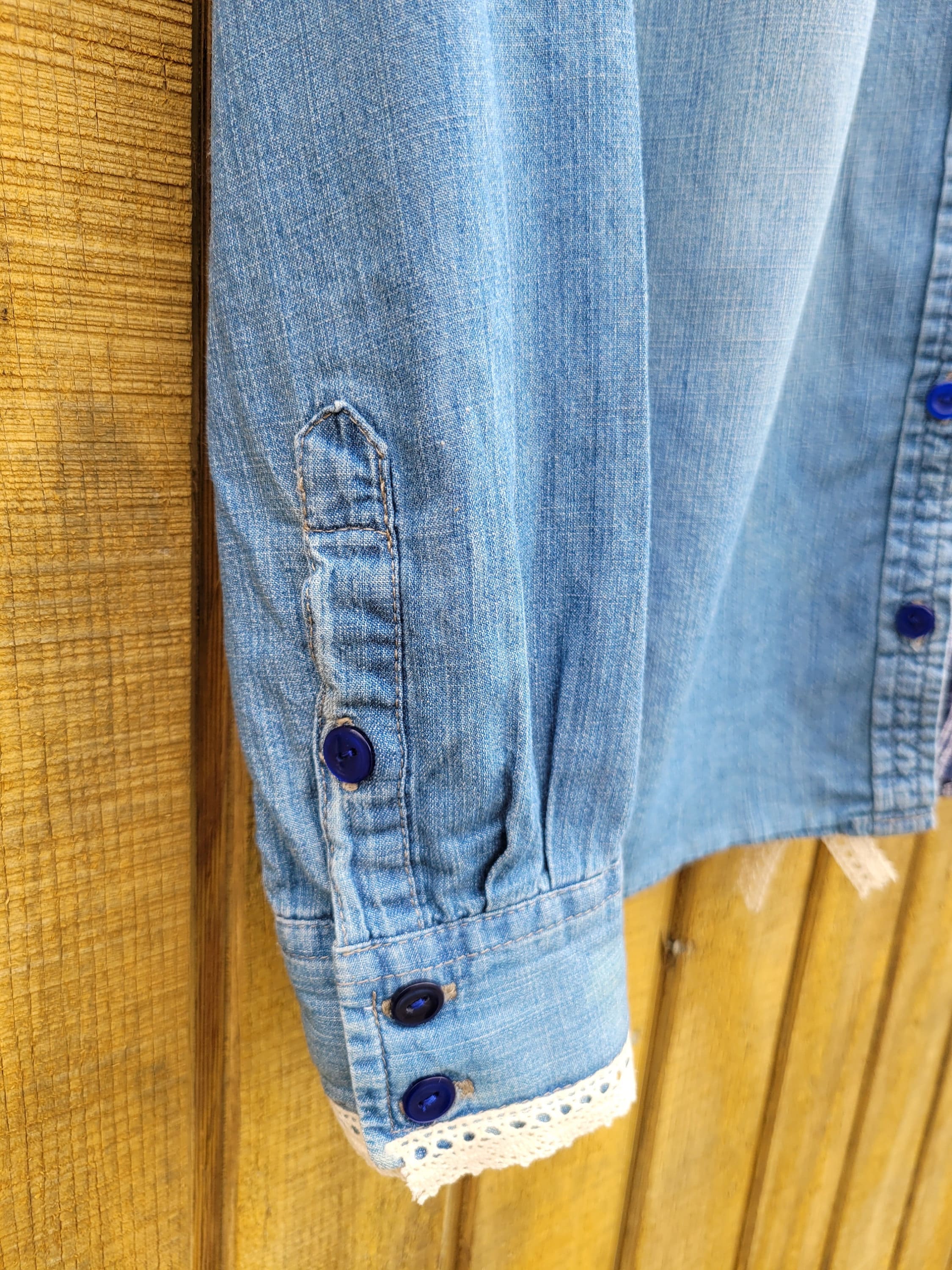 Women's Vintage Denim & Plaid Combo Shirt With Lace Trim Size Small Etsy UK