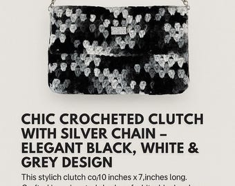 Elegante clutch de crochet con cadena plateada: negro, blanco y gris