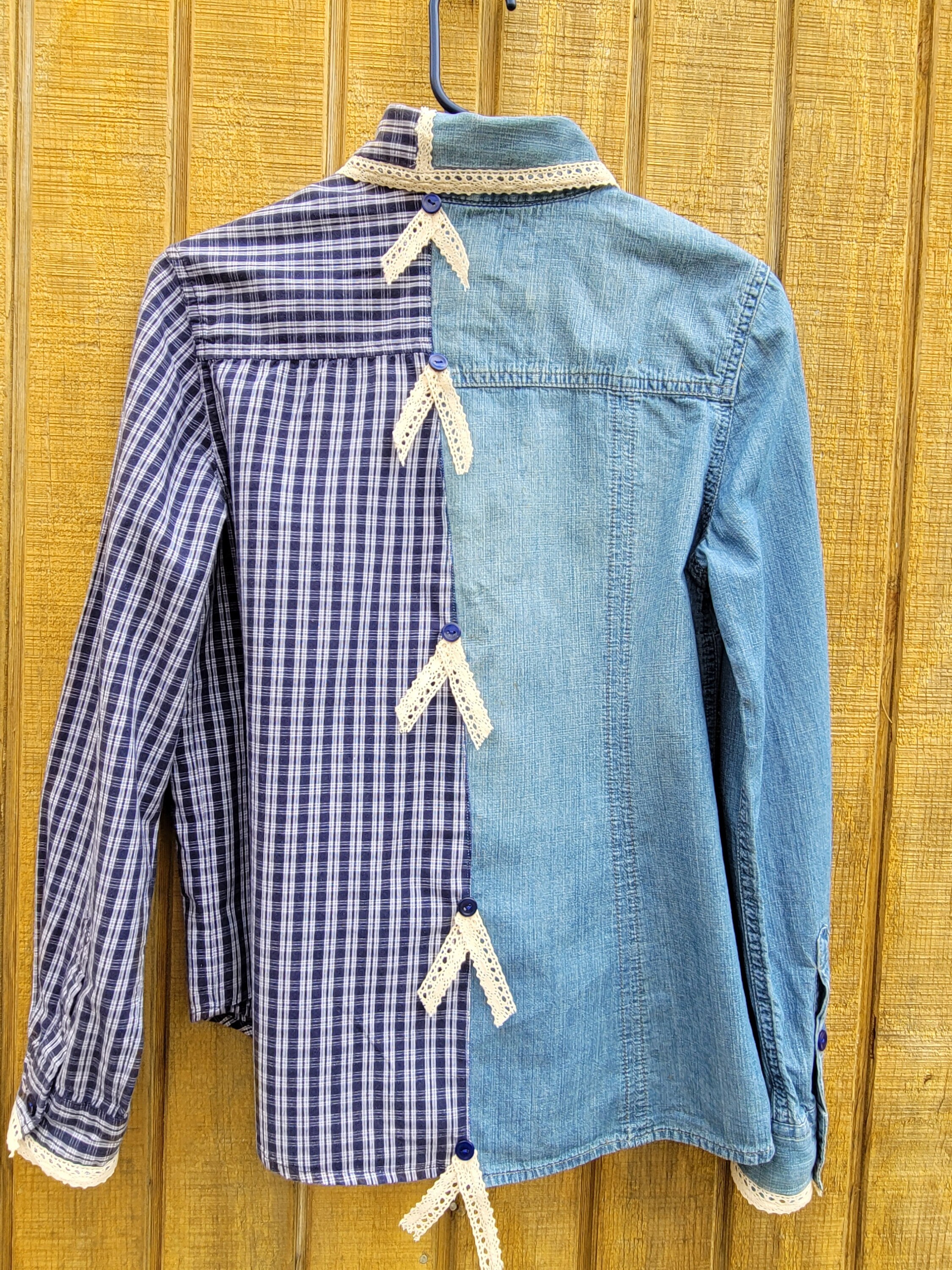Women's Vintage Denim & Plaid Combo Shirt With Lace Trim Size Small Etsy UK