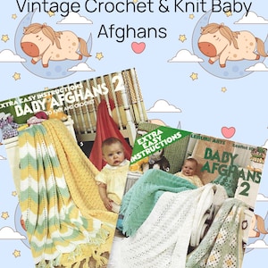 May include: The image showcases vintage crochet and knit baby afghans. Several baby blankets in yellow, white, and green are visible, with fringing. The blankets are presented alongside vintage instruction booklets. The background is light blue with cartoon horses and stars.