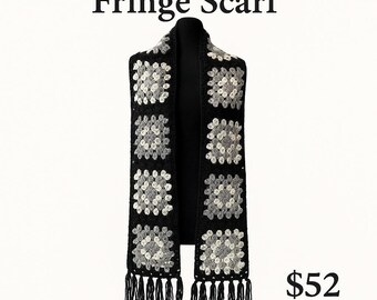 Elegante bufanda cuadrada con flecos de abuela en tonos neutros, hecha a mano