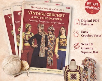 Patrón de crochet vintage en PDF: chaleco, bufanda y gorro de abuela con cuadrados – Crochet retro de los años 70 – Descarga instantánea