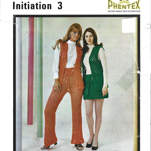 Digital Vintage 1960's Mod Crochet Pant Skirt and Vest Suit Pattern