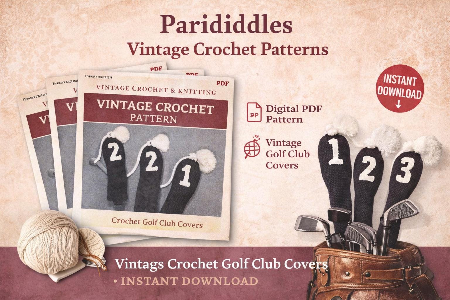 30 Golf Club Cover Crochet Patterns for Handmade Headcovers with Personality 21 Vintage Golf Club Covers Set, Retro Download