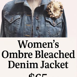Ombre Bleached Denim Jacket: Leopard Ribbon Trim & Lace Pin - Women's Large