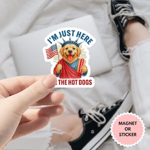 Solo estoy aquí por el imán de pegatinas de perritos calientes, la divertida pegatina de perrito caliente del 4 de julio, el imán de humor patriótico de barbacoa y la calcomanía retro de barbacoa de salchichas.