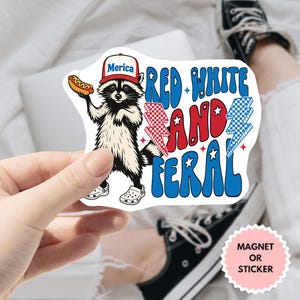 Sticker rood wit en wilde, grappige wasbeer automagneet, 4 juli Merica Hotdog vinyl decal, USA patriottische digitale sticker