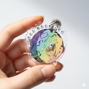 May include: A clear acrylic keychain featuring a colorful planet with a rocket ship and the text "COPY MOON JOY". The planet is a mix of rainbow colors. The keychain is held by a hand.