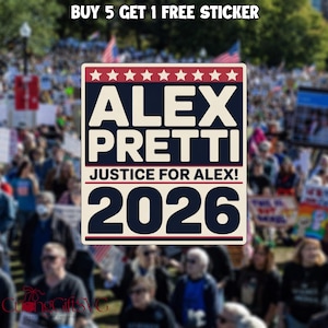 May include: A rectangular sticker with the text "ALEX PRETTI" in white block letters over a navy blue background. Below, the text "JUSTICE FOR ALEX!" and "2026" are displayed. The sticker has a red and white border and a row of red stars.
