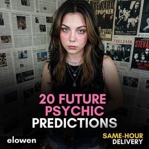 May include: A person is centered in front of a wall covered in newspaper clippings and posters. The text "20 FUTURE PSYCHIC PREDICTIONS" is displayed in pink and white. The text "elowen" and "SAME-HOUR DELIVERY" are also visible.